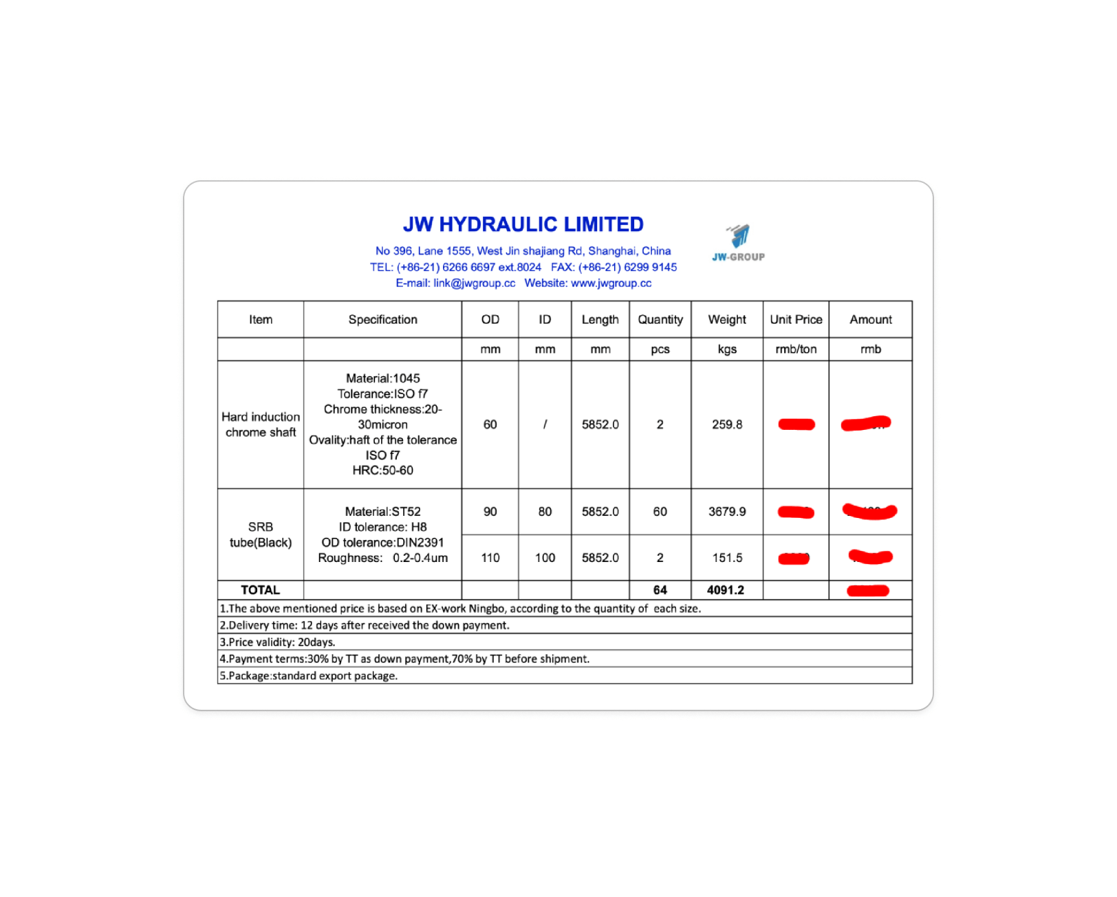 ST52 Honed Tube and 1045 Hard induction chrome shaft order  for a Pakistan customer